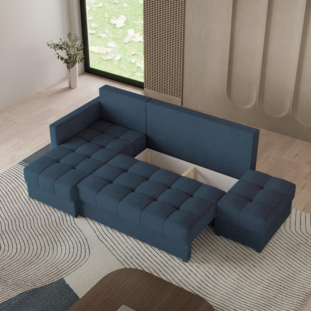 ECKSOFA LUMARI L-S Blau Plüsch-Stoff mit Schlaffunktion - Blau, Holz (262/143cm) - MASSENO