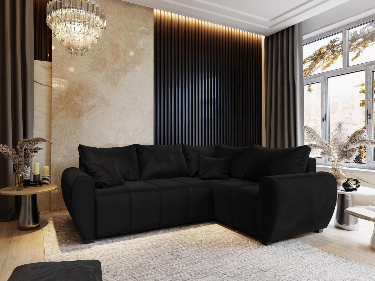 ECKSOFA MADISON L R-S Schwarz Plüsch-Stoff mit Schlaffunktion - Schwarz, Holz (235/175cm) - MASSENO