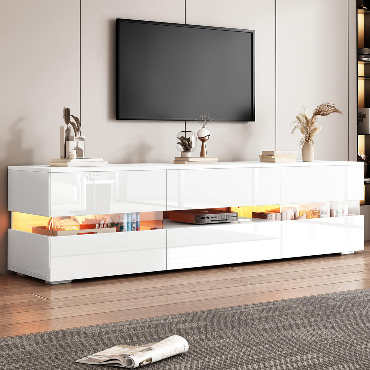 TV-SCHRANK 160x39cm Hochglanzweiß LED 2 Türen 1 Schublade bis 70 Zoll - Weiß, Holz (49/19/92cm) - FLIEKS