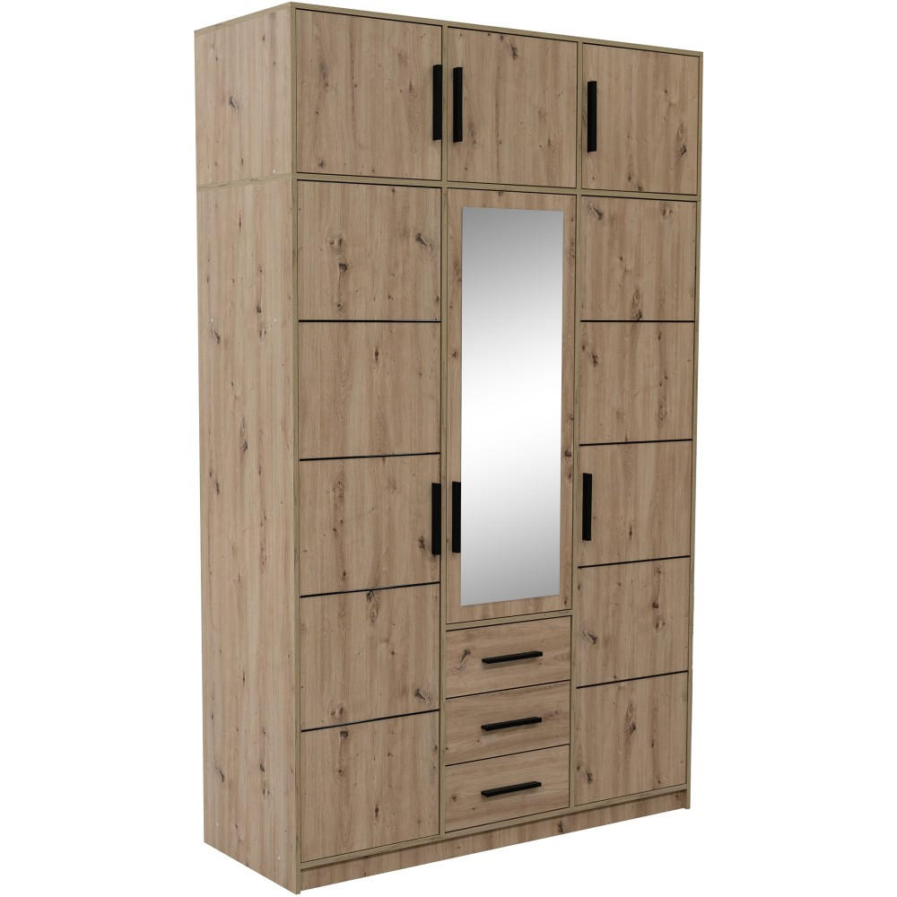 DREHTÜRENSCHRANK Kavo mit Aufsatz, Spiegel und 3 Türen, eiche Sonoma - Schwarz/Sonoma Eiche, Holzwerkstoff (150/245/58cm) - Beautysofa