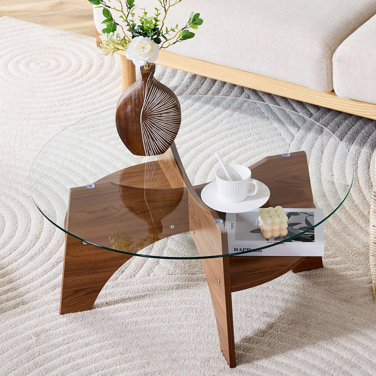 BEISTELLTISCH 80/36 cm aus Glas in Transparent/Walnuss mit fächerförmigem Gestell - Walnussfarben, Holzwerkstoff (80/80/36cm) - Flora Grace