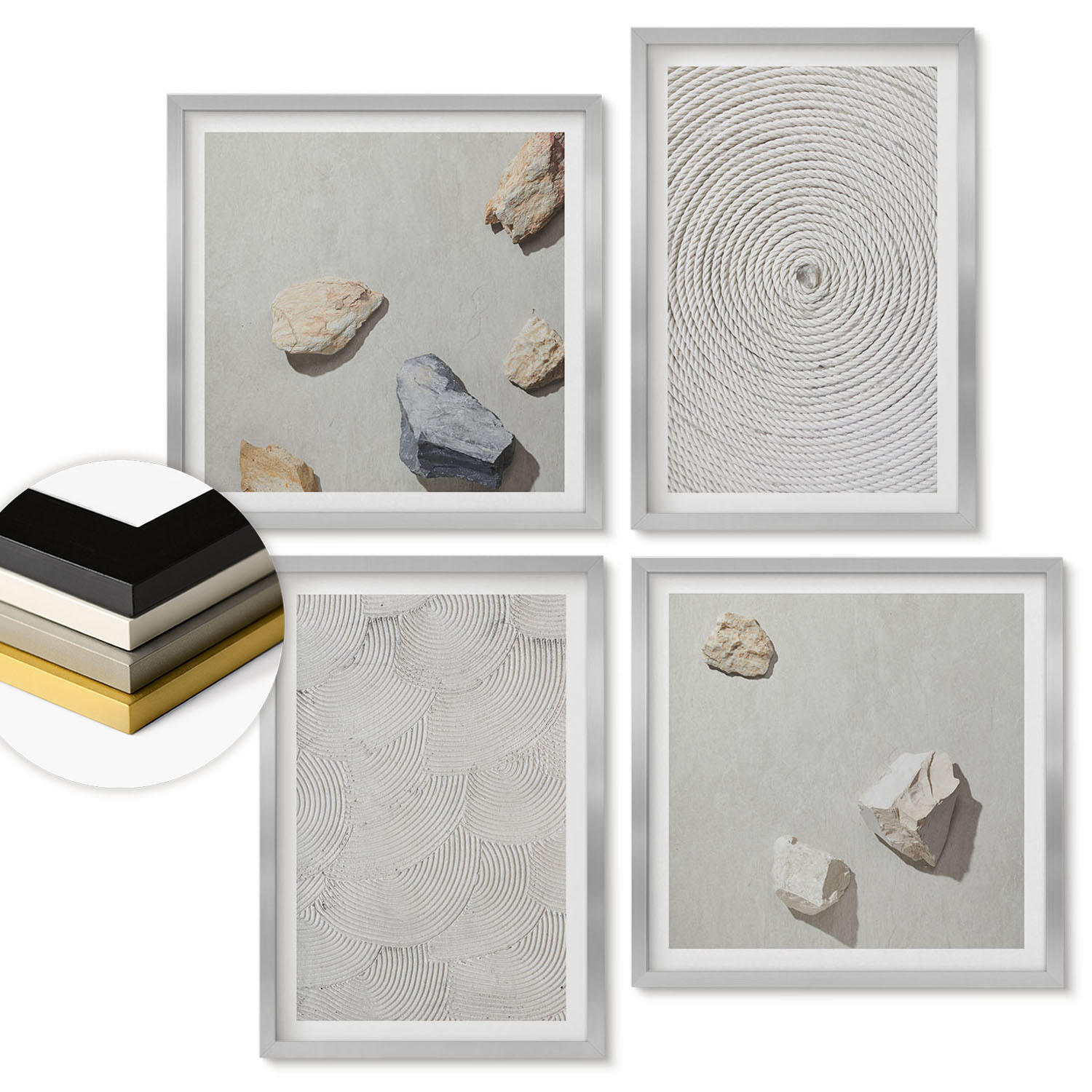 WANDBILDER 4er Set - 50x50 cm & 40x60 cm Silberner Rahmen - Geometrische Pappsteine - Silberfarben, Kunststoff (50/50cm) - ArtPrintCave