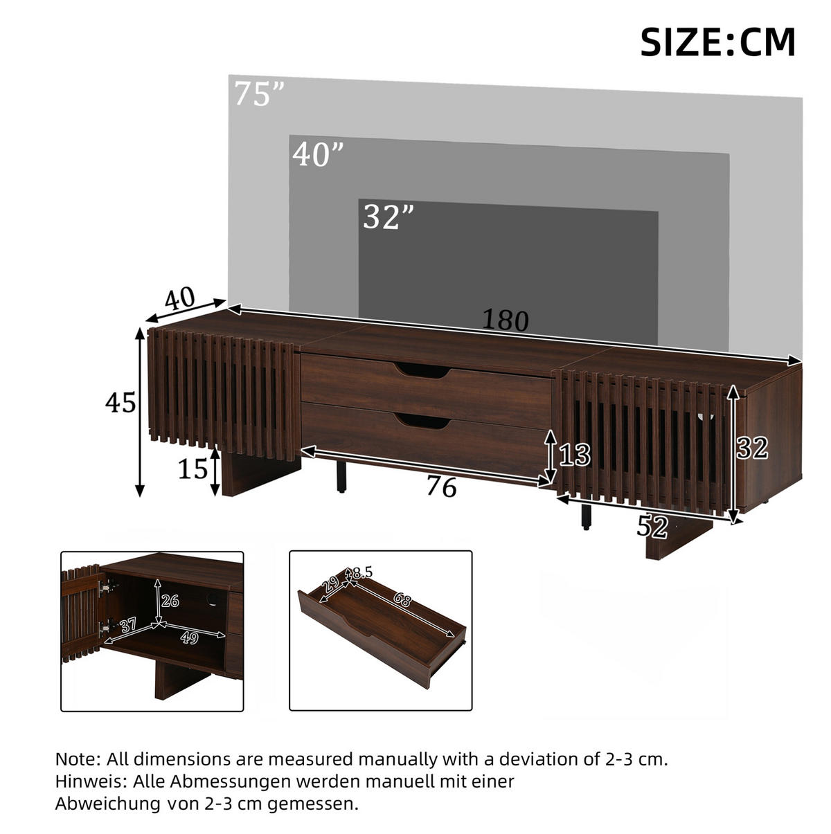 TV ormarić od MDF-a 180x40x45 cm tamni orah s 2 ladice i lamelnim vratima, za TV do 75 inča - smeđa, drvni materijal (180/45/40cm) - Modfu
