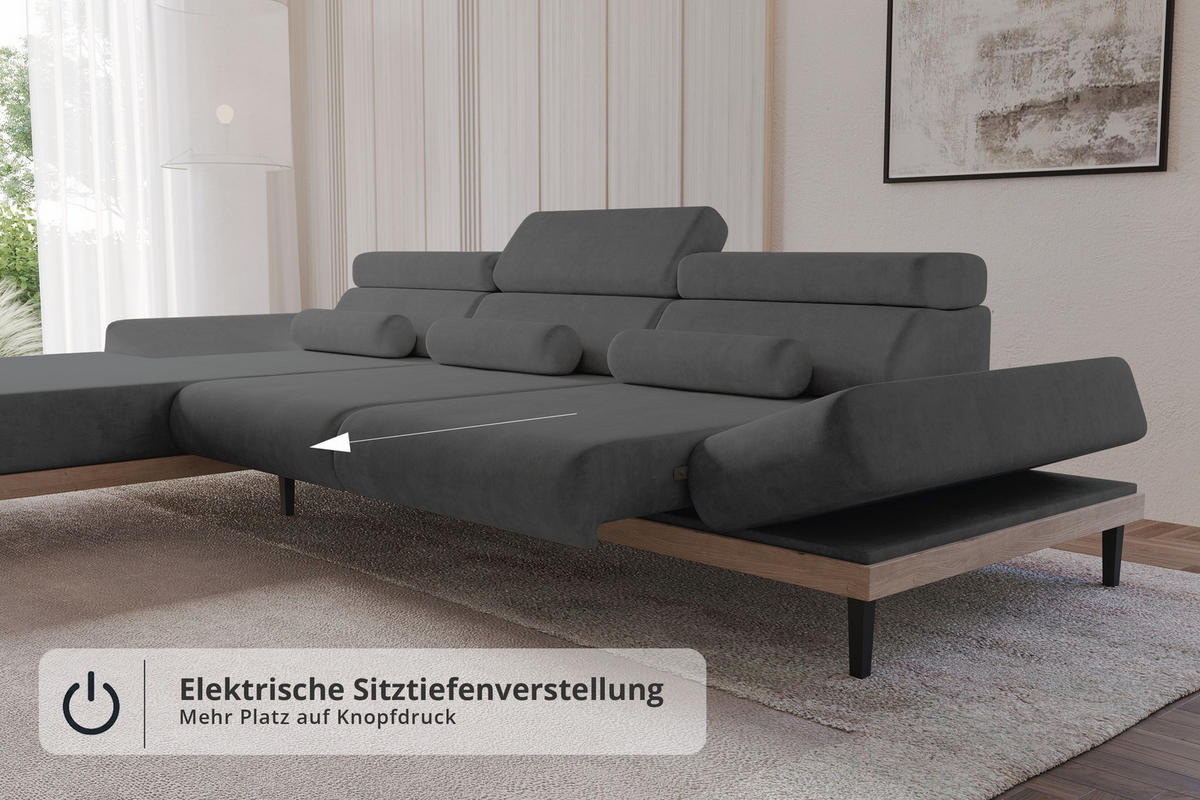 ELEKTRISCHES ECKSOFA Links MONA 316x205x85 Dunkelgrau Velours - Anthrazit, Holzwerkstoff/Textil (316/205cm) - ALTDECOR