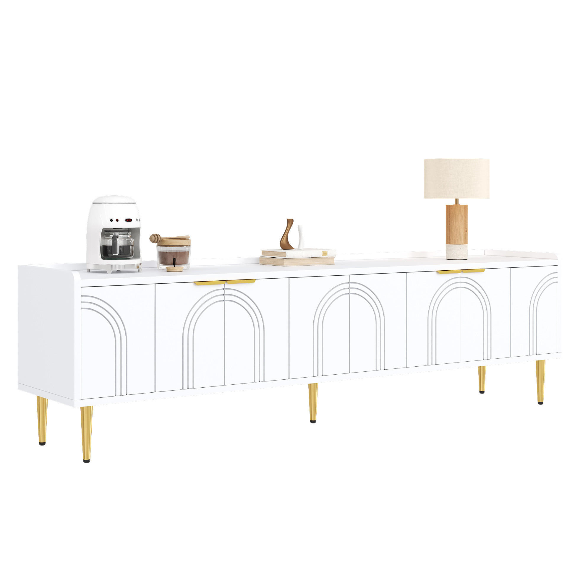 Modfu TV stolek z MDF 170x35x47,5 cm bílý se zlatými detaily, kabelovým průchodem a 3D dvířky