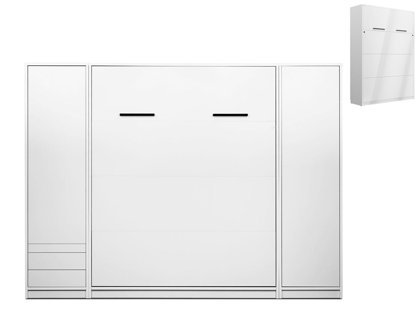 SCHRANKBETT vertikal GN 160x200 mit 2 Schränken & LED-Beleuchtung - Weiß hochglanz - 3-tlg. - Weiß Hochglanz/Schwarz, Holz/Holzwerkstoff (160/200cm) - QMM TraumMöbel