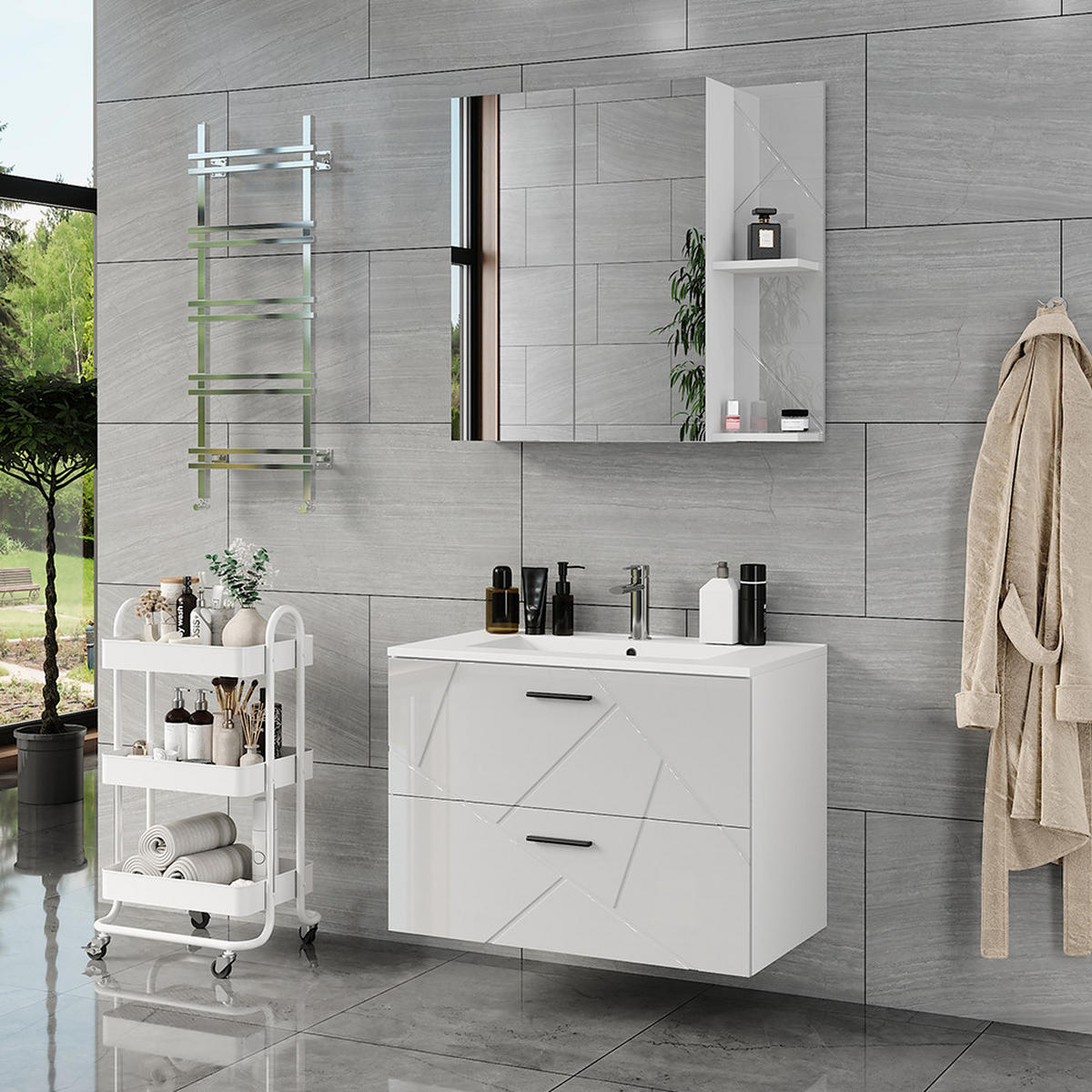 SADA KOUPELNOVÉHO NÁBYTKU Irma Bílá/bílý vysoký lesk - vysoce lesklá bílá, kompozitní dřevo (80/57/44.6cm) - Vicco