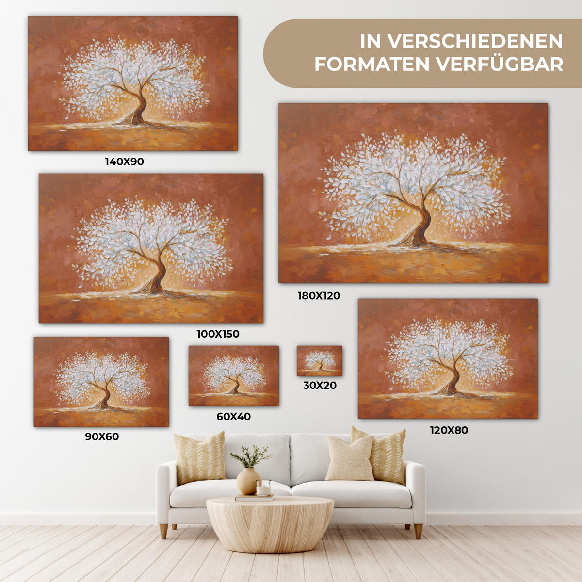 LEINWANDBILD Abstrakt - Baum - Weiß - Blätter XXL 150x100 cm - Braun, Textil (150/100cm) - MuchoWow