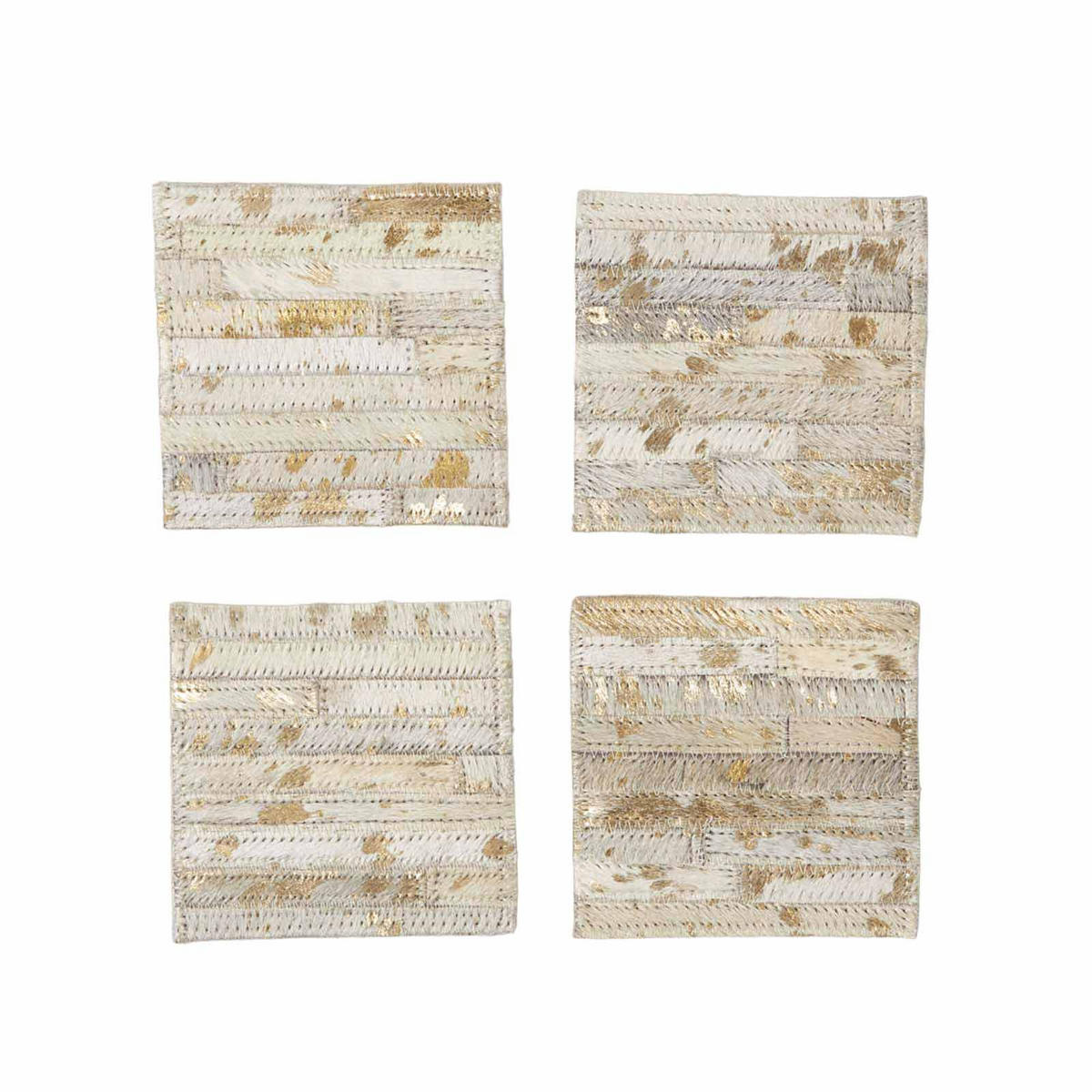 UNTERSETZER 4er-Set grau-gold, Patchwork-Streifen, Fell & Leder, 10/10 cm - Grau, Leder (10/10cm) - Homescapes