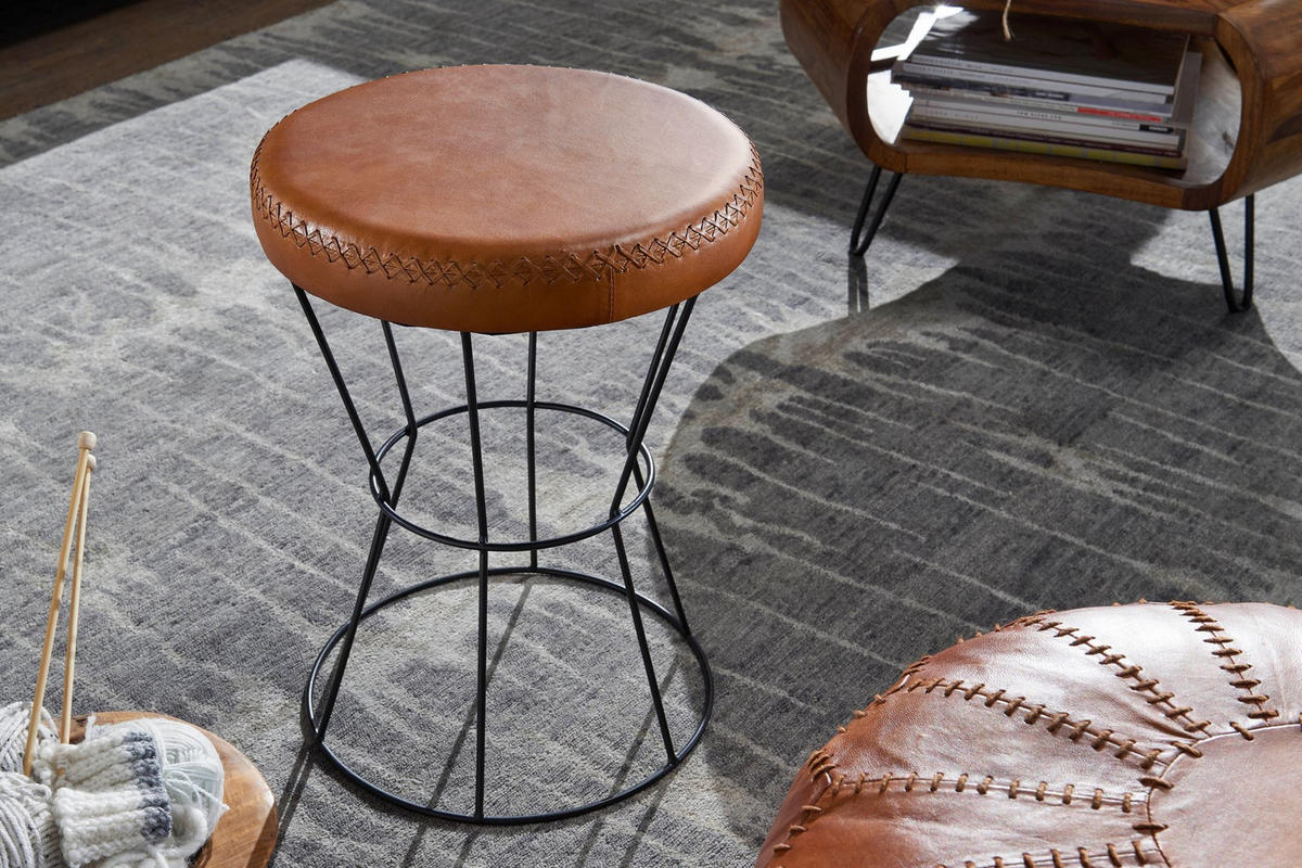 SITZHOCKER – Echtleder, Industrial-Stil - Schwarz/Braun, Leder/Metall (35/48/35cm) - KADIMA DESIGN