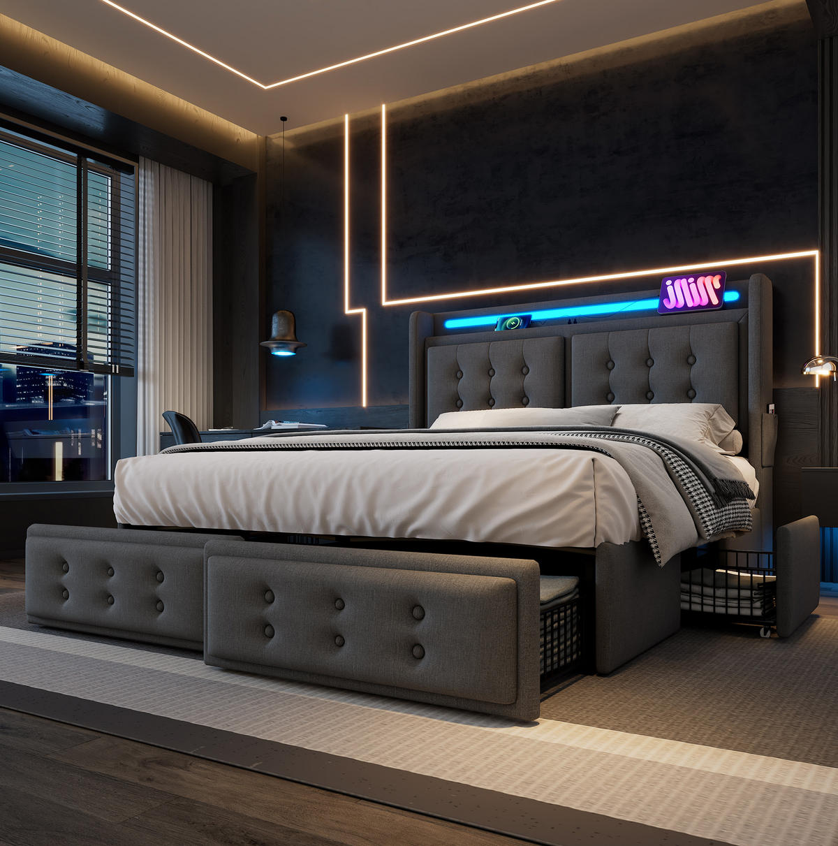 ČALÚNENÁ posteľ 148/220/106 cm sivá, čalúnená s LED a USB-C, so 4 zásuvkami - sivá, textil (140/200cm) - BEAOK