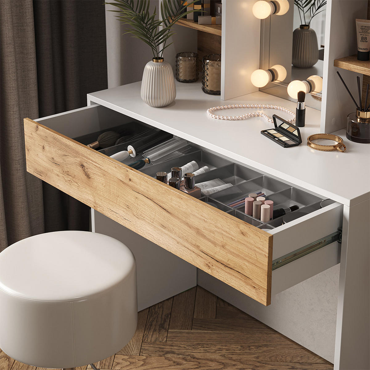 SCHMINKTISCH Alexa Goldkraft Eiche/Weiß 93 cm mit Hocker - Honigeiche/Weiß, Holzwerkstoff (93/147/40cm) - Vicco