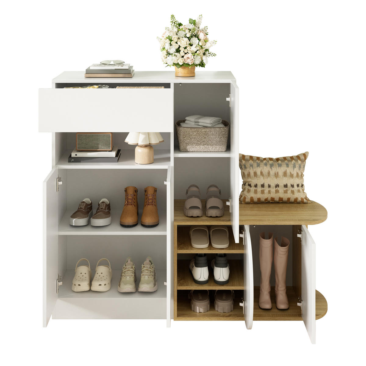 SCHUHSCHRANK DE-37953 mit Sitzbank und 5 Türen Weiß - Weiß, Holzwerkstoff (130/110.5/35cm) - ComfortXL