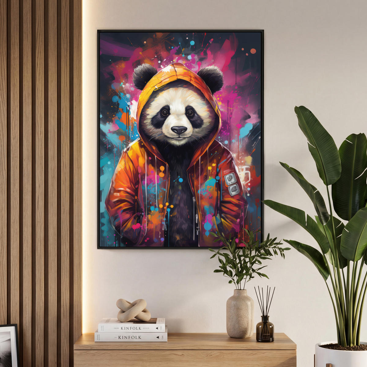 LEINWAND Bilder mit Rahmen - Panda - Jacke - Graffiti - Orange - 70x100 - Orange, Textil (70/100cm) - MuchoWow