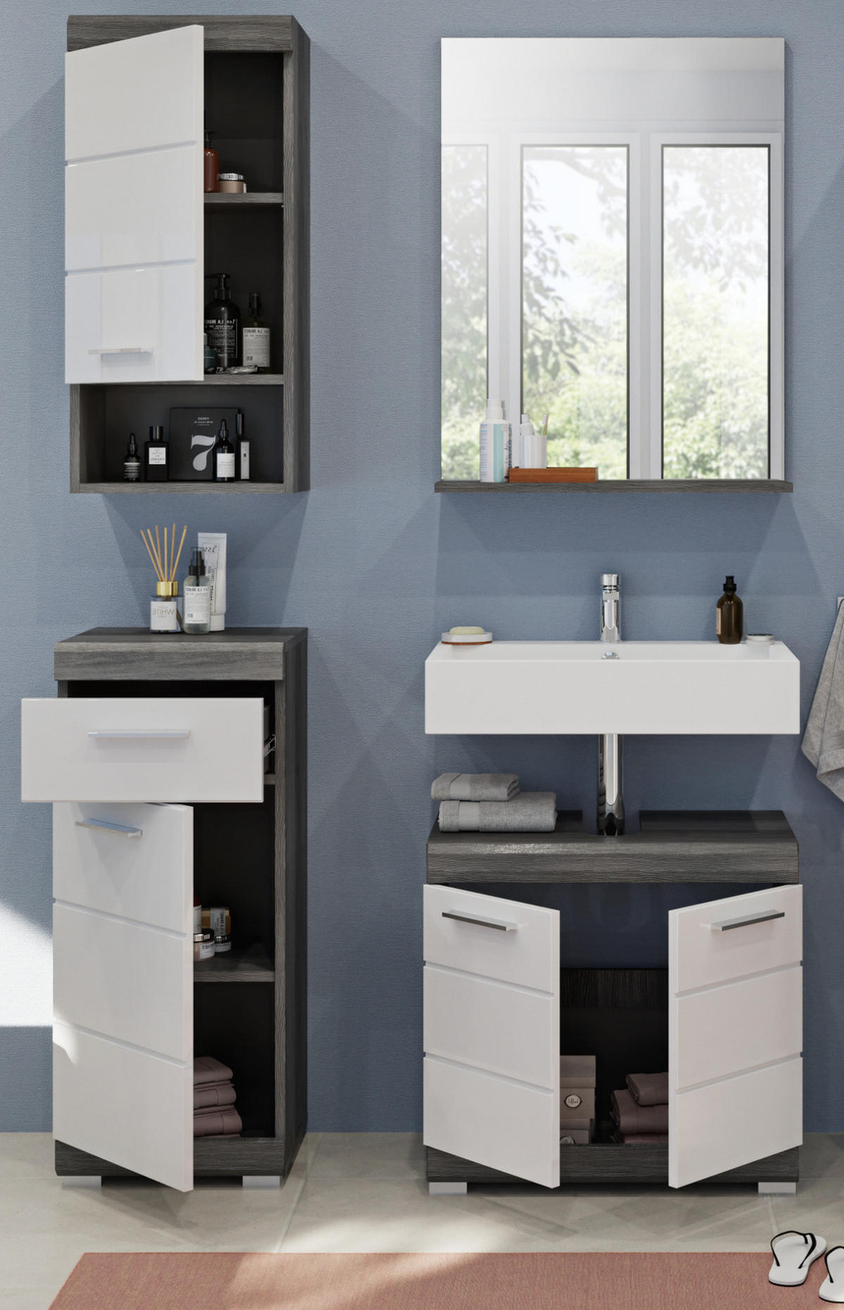 BADMÖBEL-SET weiß Hochglanz, grau 4-teilig 112 cm, Komplettset mit 7 Fächern - Weiß Hochglanz/Grau, Holzwerkstoff (112/191/34cm) - Inn.Furn