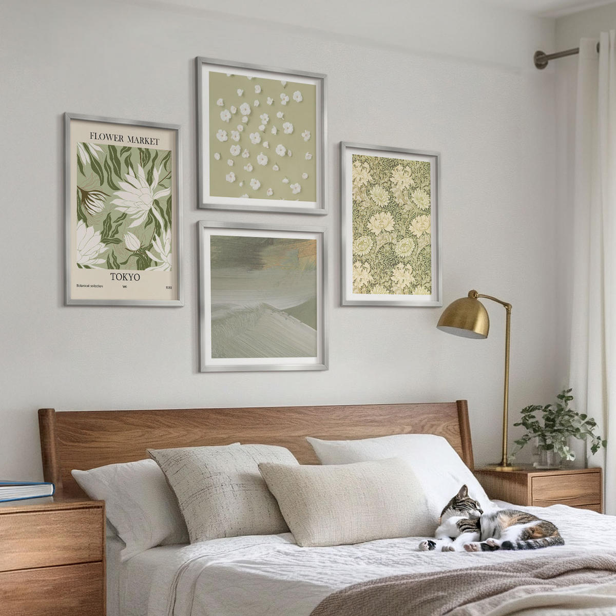 BILDER SET 4er Set - 50x50 cm & 40x60 cm Silberner Rahmen - Florale Abstraktionen im Boho-Stil - Silberfarben, Kunststoff (50/50cm) - TULUP