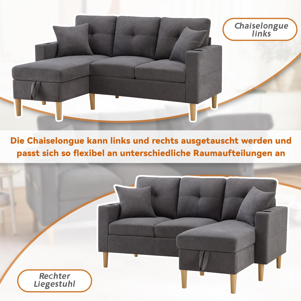 ECKSOFA Baumwoll-Leinen mit Stauraum und Getränkehaltern 175/129/90 cm Dunkelgrau inklusive 2 Kissen - Dunkelgrau, Textil (175/129cm) - Redom