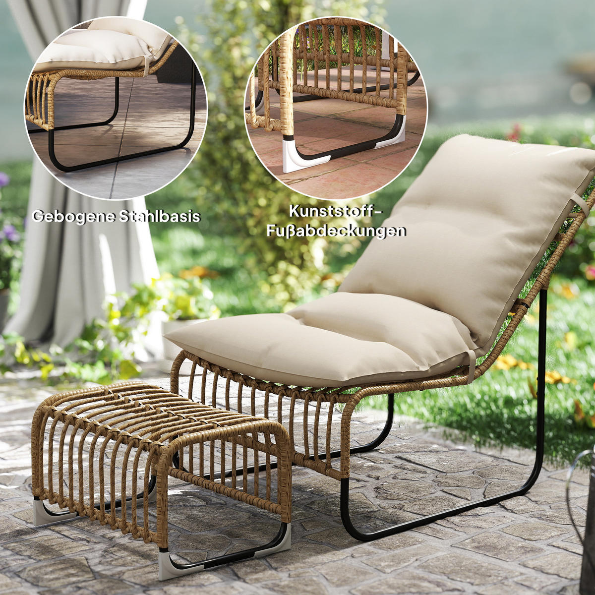 RELAXSESSEL mit Fußhocker UV-beständig Gartensessel mit Kissen Bänder - Creme, Metall (65/80/93cm) - Outsunny