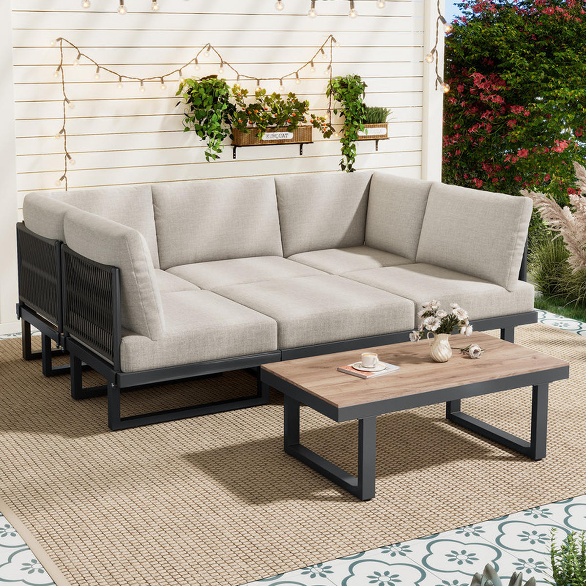 GARTENLOUNGESET GRAUBEIGE mit umwandelbarem Relaxbett und Couchtisch - Beige, Textil - BLACKCUP