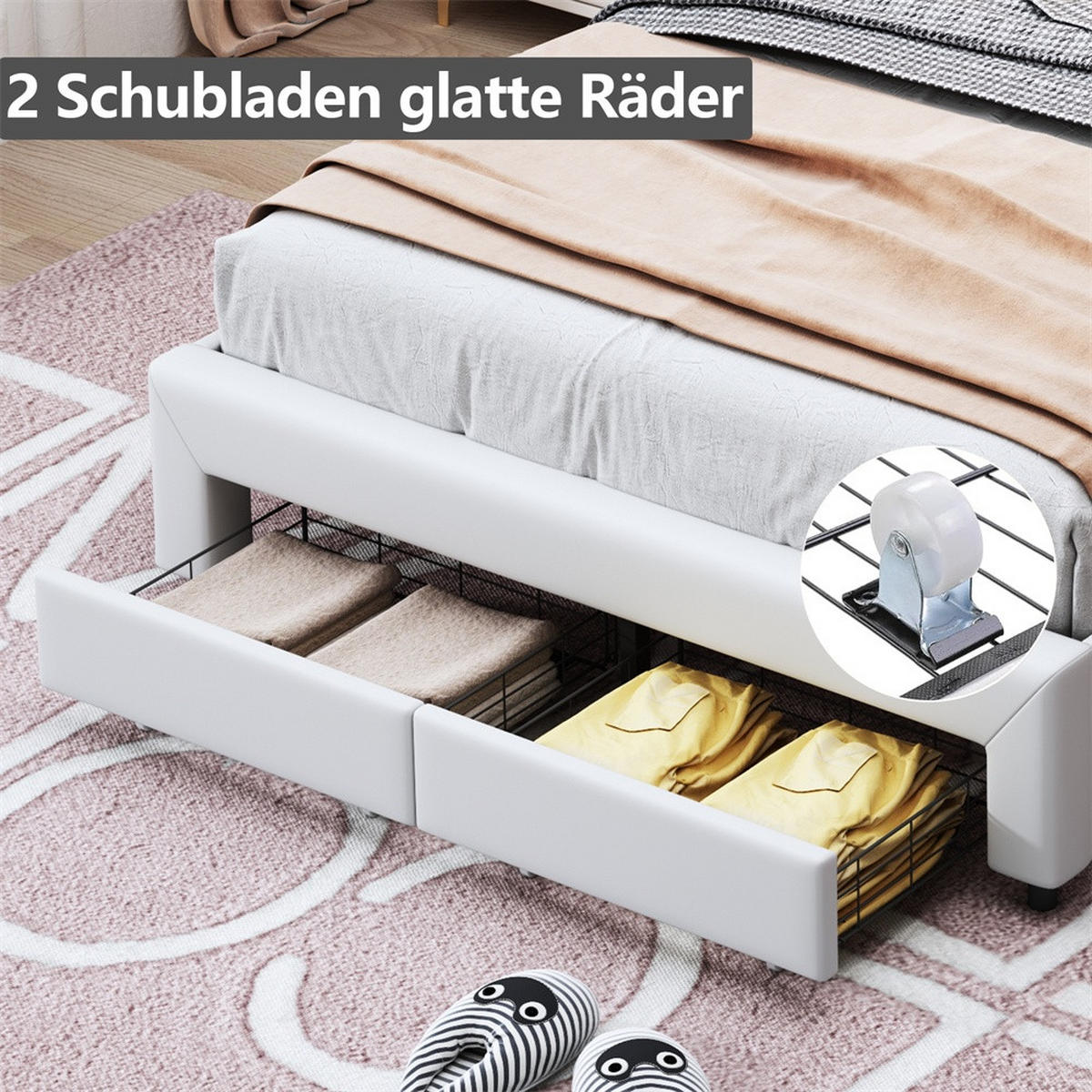 KINDERBETT 140 x 200 cm - höhenverstellbares Kopfteil mit LED-Beleuchtung und 2 Schubladen - ohne Matratze - Weiß - Weiß, Textil (140/200cm) - DELFA