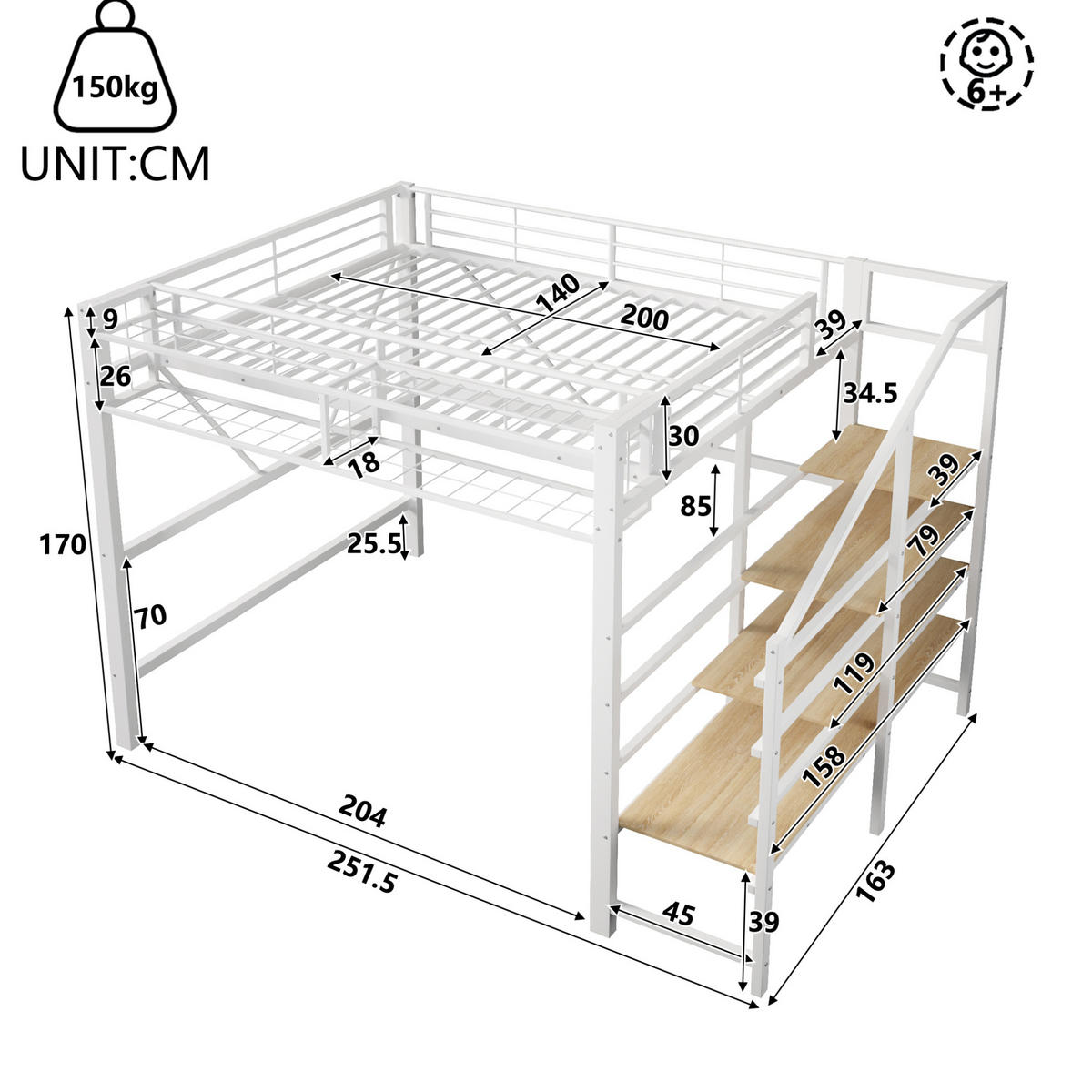 HOCHBETT 140/200 cm Weiß mit LED ohne Matratze - Weiß, Metall (140/200cm) - MIVRAY