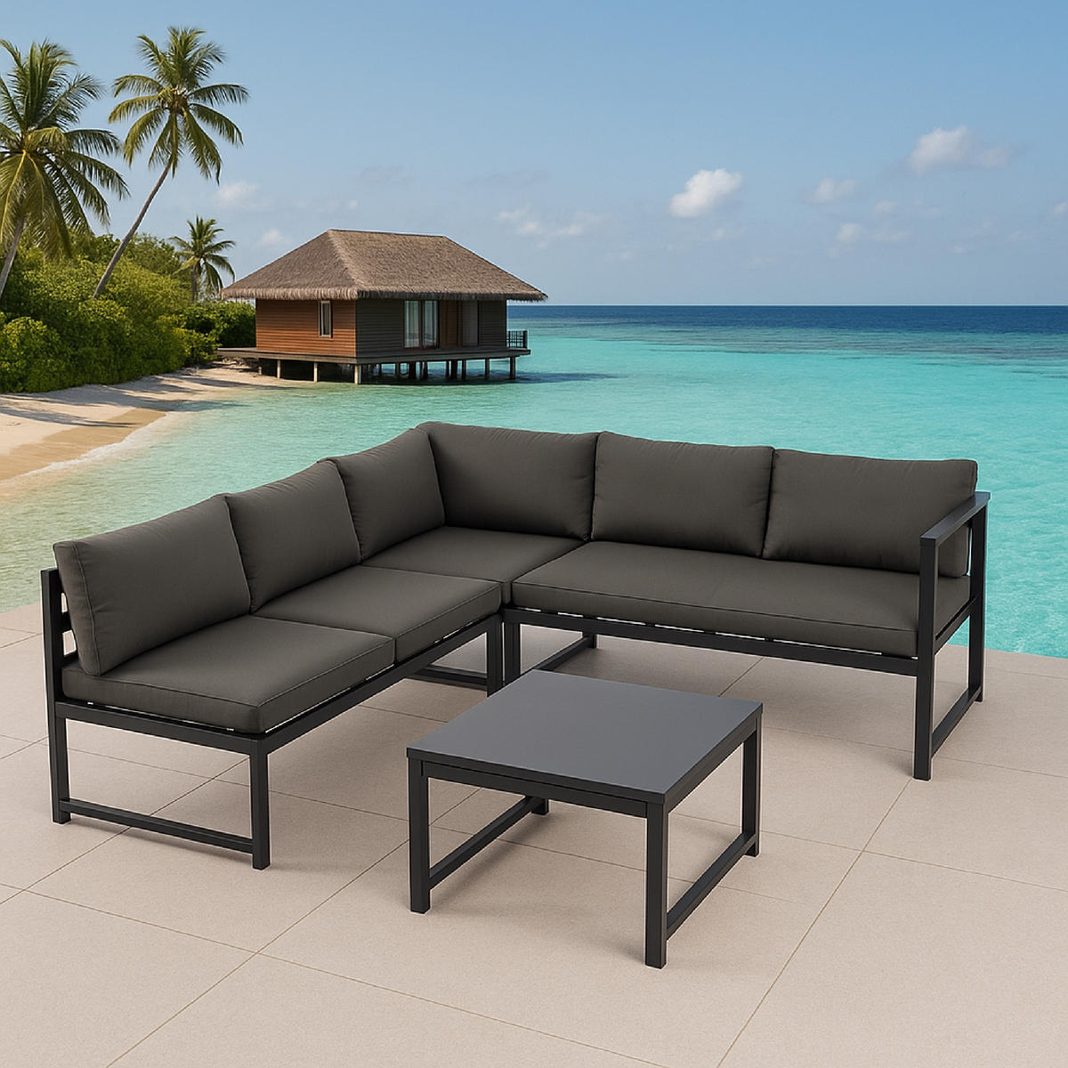 LOUNGESET Tamworth - Ecksofa und Loungetisch, Aluminium grau, Tisch mit Glasplatte, mit Polstern - Grau, Metall - TPFGarden
