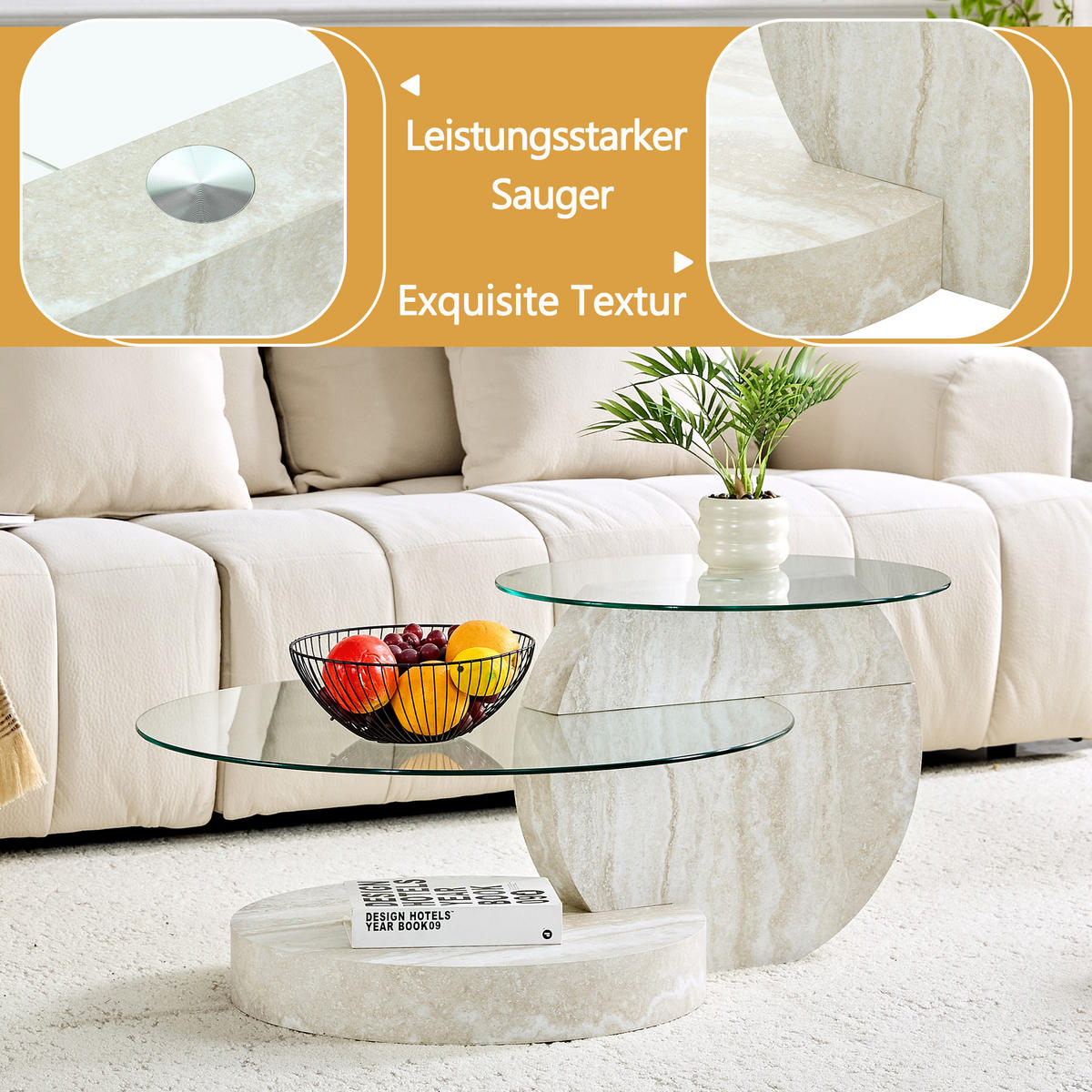 COUCHTISCH DE-158 Sicherheitsglas mit Walnussholz-Maserung - Weiß, Holzwerkstoff (70/90/44cm) - ComfortXL