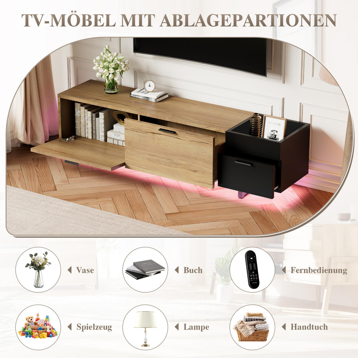 TV-LOWBOARD 180/38/49 cm mit LED-Beleuchtung und offenen Fächern - Schwarz, Holzwerkstoff (180/49/38cm) - BEAOK