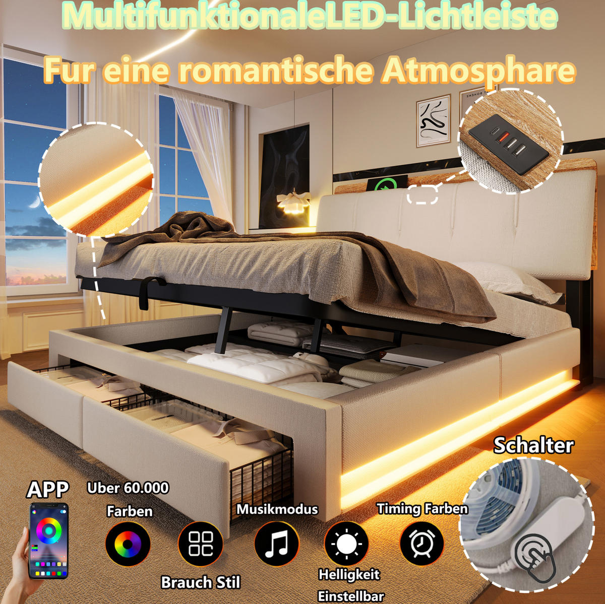 POLSTERBETT 140/200 cm mit LED-Beleuchtung, USB- und USB-C-Anschluss, hydraulischem Bettkasten und Schubladen, Beige - Beige, Textil (140/200cm) - Redom