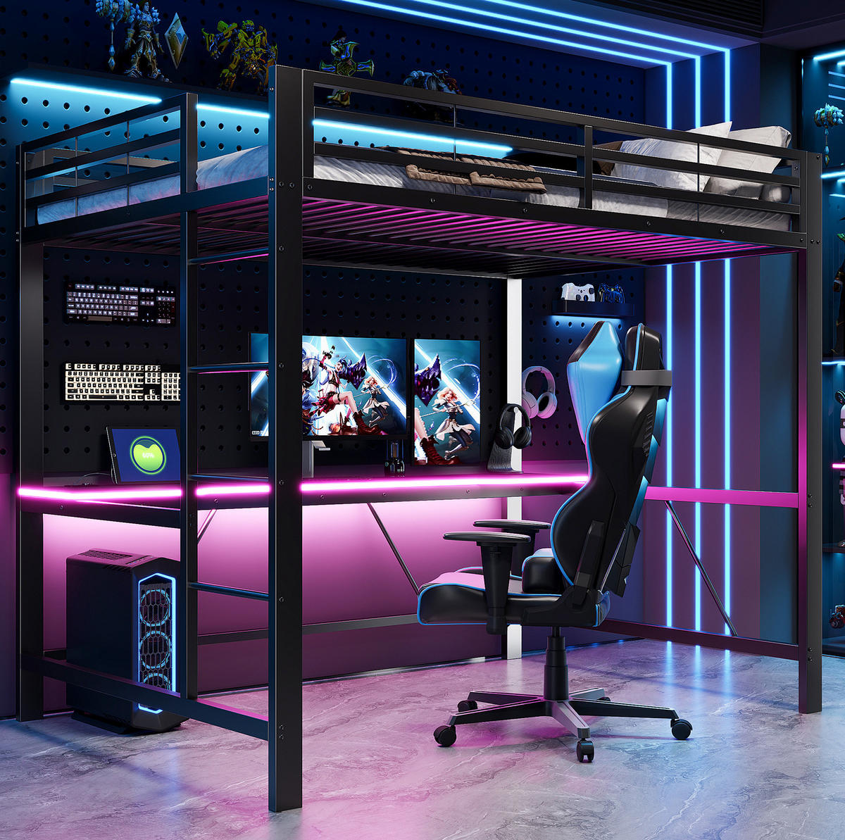 GAMING-HOCHBETT 140x200 cm in Schwarz mit Schreibtisch und LED-Beleuchtung - Schwarz, Holzwerkstoff (140/200cm) - IVMEU