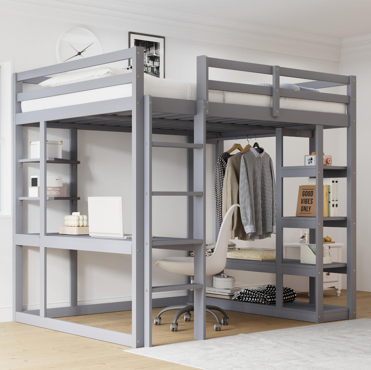 HOCHBETT 140/200 cm in Grau – mit Schreibtisch, Stauraum und Leiter - Grau, Holz (140/200cm) - BEAOK