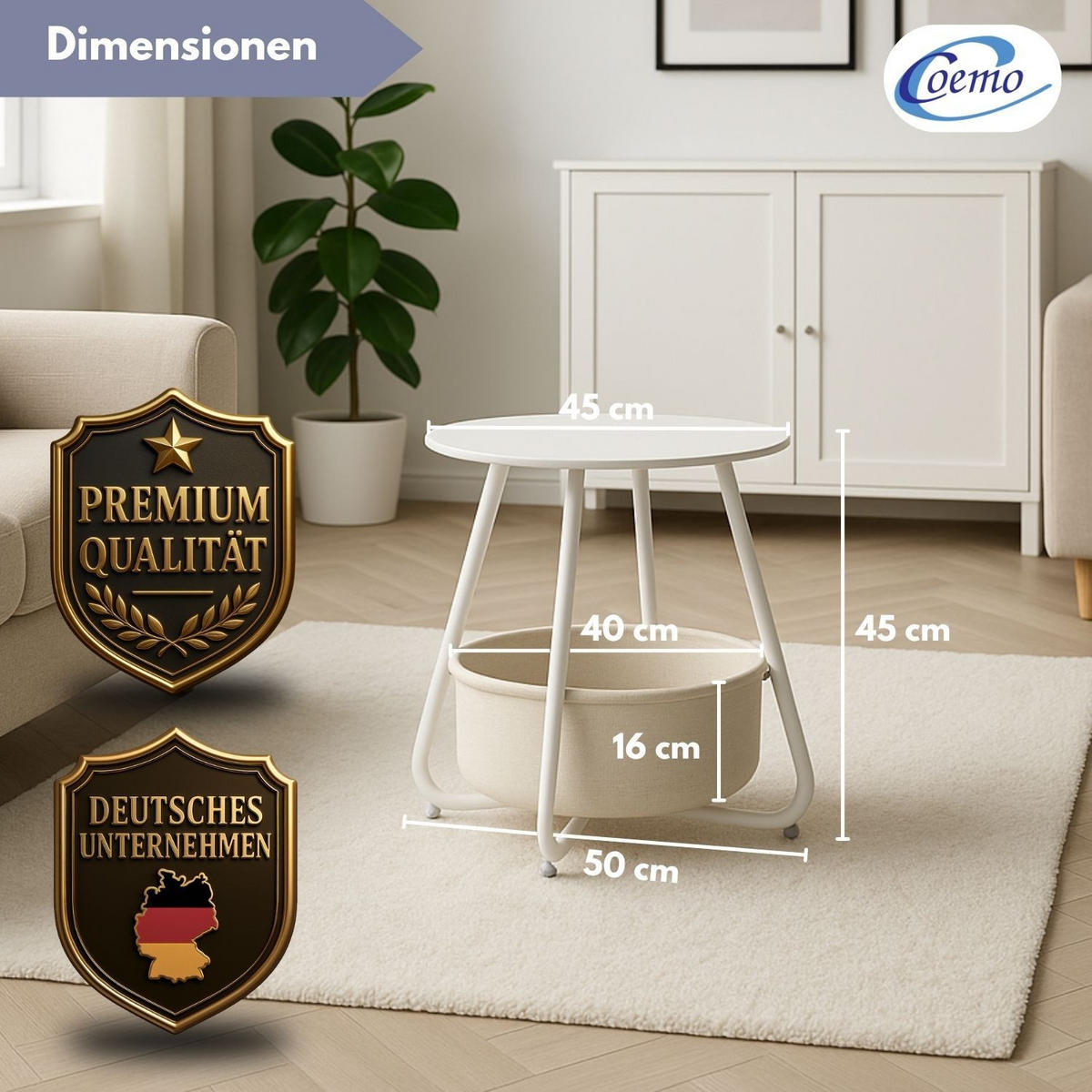 COUCHTISCH KOSI Metall mit Aufbewahrungskorb Canvas Weiß - Weiß, Metall (50/50/45cm) - Coemo