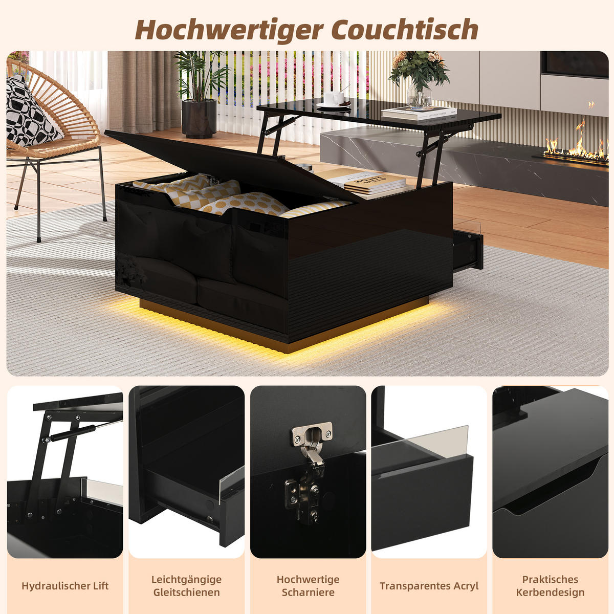 COUCHTISCH DE-107 LiftLED Hochglanz Schwarz - Schwarz, Holzwerkstoff (70/70/38cm) - ComfortXL