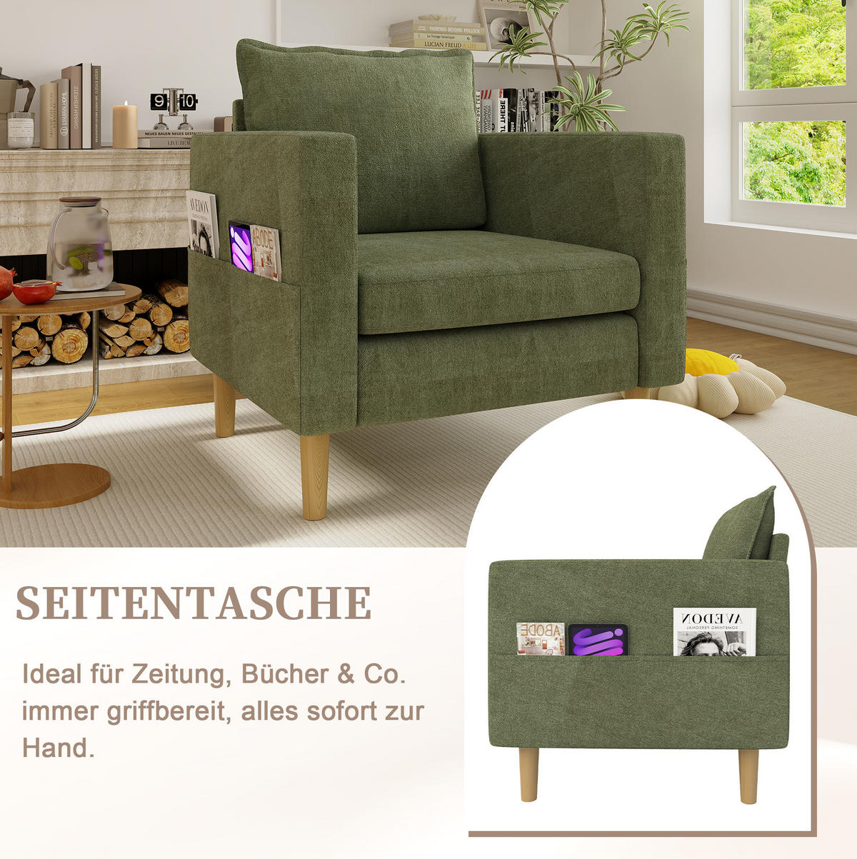 SESSEL 71/68/82 cm in Olivgrün aus Chenille mit Seitentaschen - Olivgrün, Textil (71/82/68cm) - BEAOK