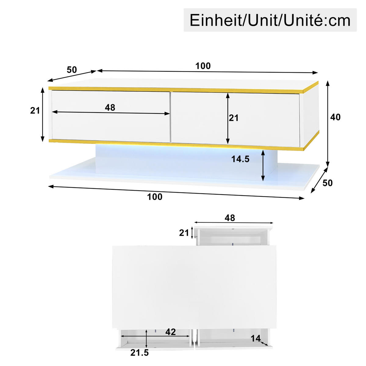 COUCHTISCH 100/50/40 cm in Weiß/Gold mit 3 Schubladen und LED-Beleuchtung - Weiß, Holzwerkstoff (100/50/40cm) - Flora Grace
