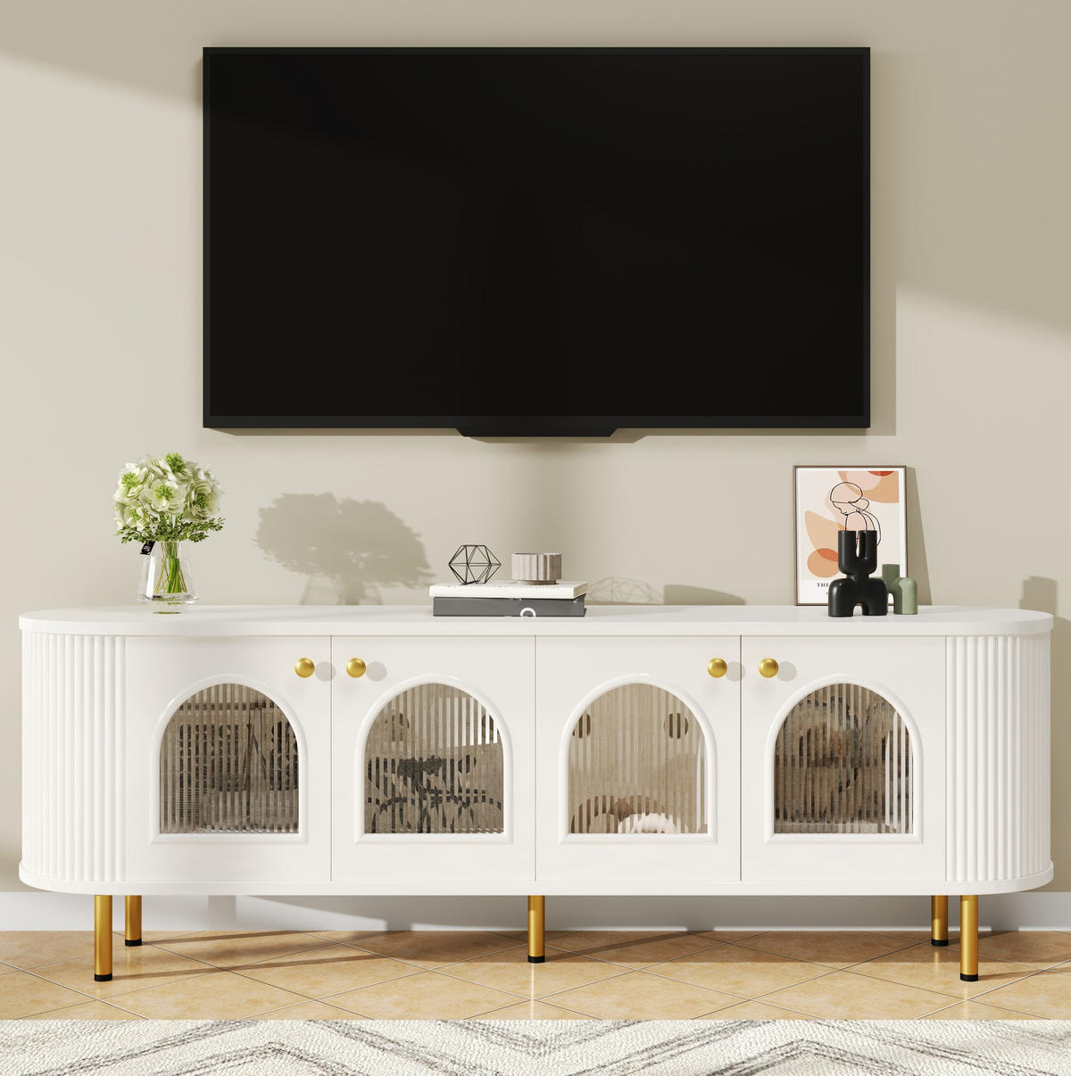 TV-ELEMENT mit 4 Glastüren 170 x 35 x 55 cm MDF White and Gold - Weiß, Holzwerkstoff (35/55/170cm) - Beauniv