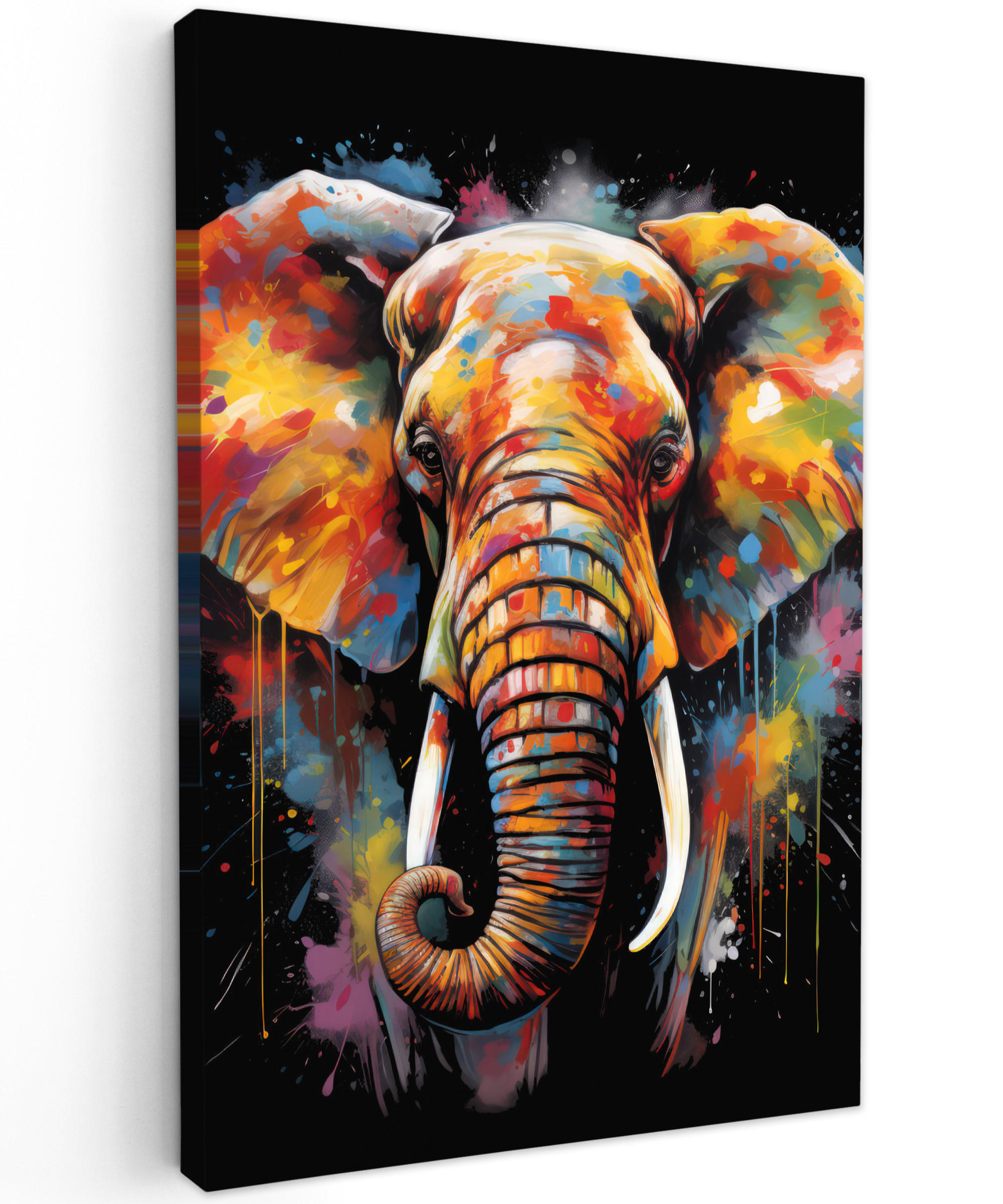 MuchoWow OBRAZ NA PLÁTNĚ Slon - Graffiti - Černá - Zvířata - Barvy 60x90 cm
