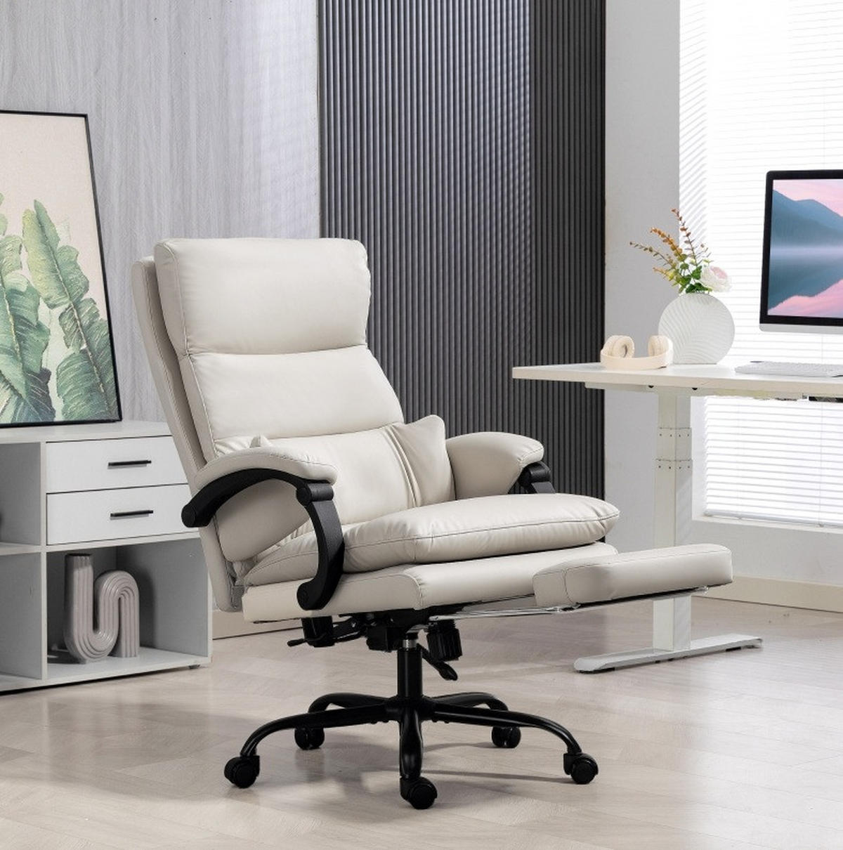 GAMINGSTUHL 66/113-121/60 cm Hellgrau aus Kunstleder mit Fußstütze - Hellgrau, Kunststoff (60/121/66cm) - OKMYHOME