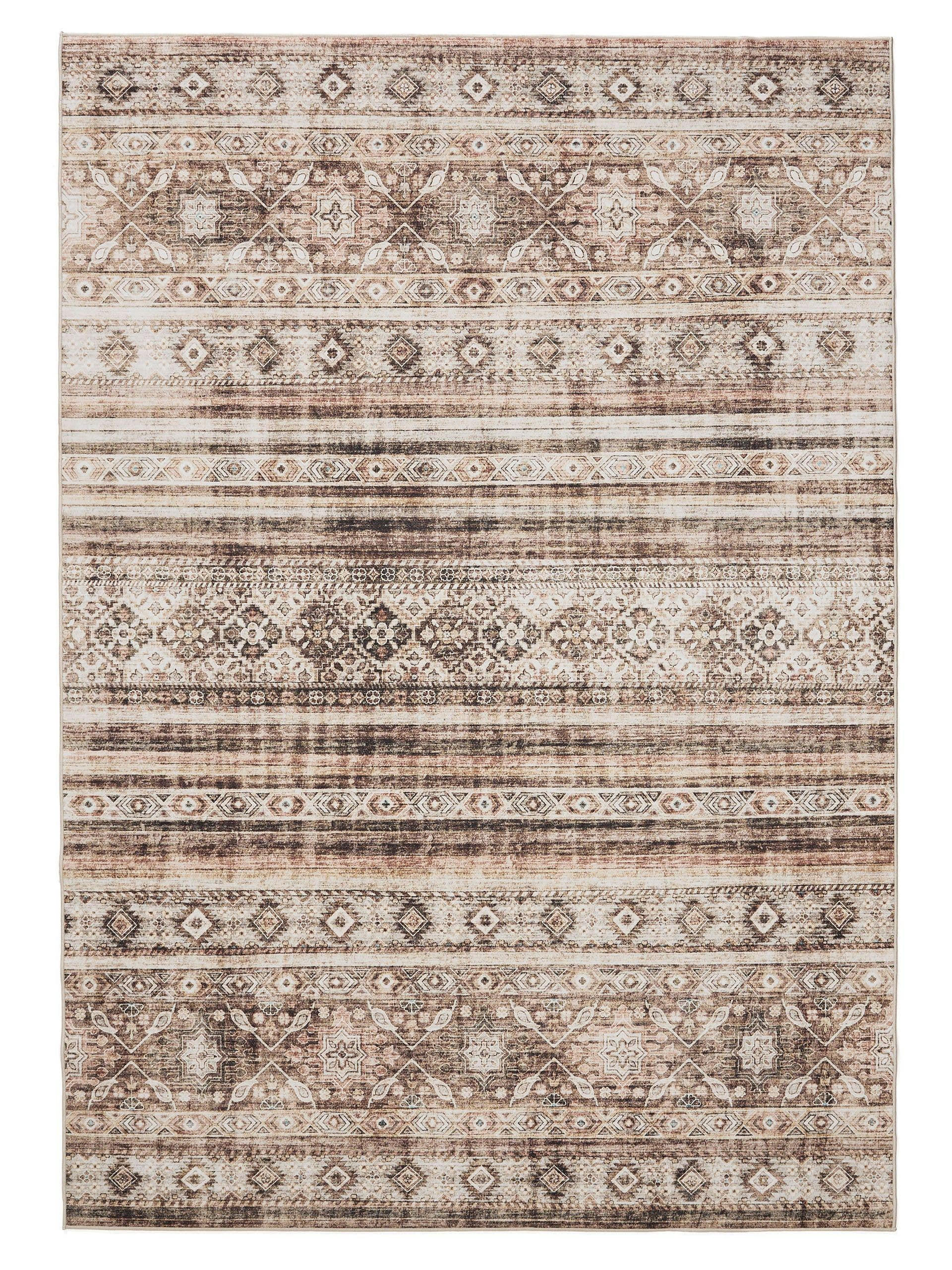 Vintage-Läuferteppich Waschbar – Rutschfest, Niedriger Flor, In Hellbraun Mit Tribal-Muster