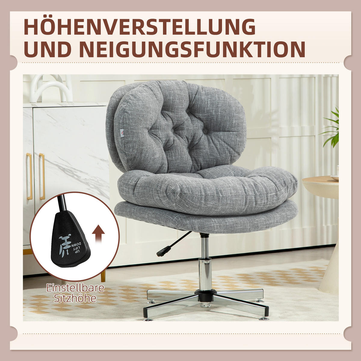 BÜROSTUHL ohne Armlehnen, bequemer Schreibtischstuhl mit gepolstertem Sitz und verstellbarer Höhe, Grau - Grau, Textil (65/94/65cm)