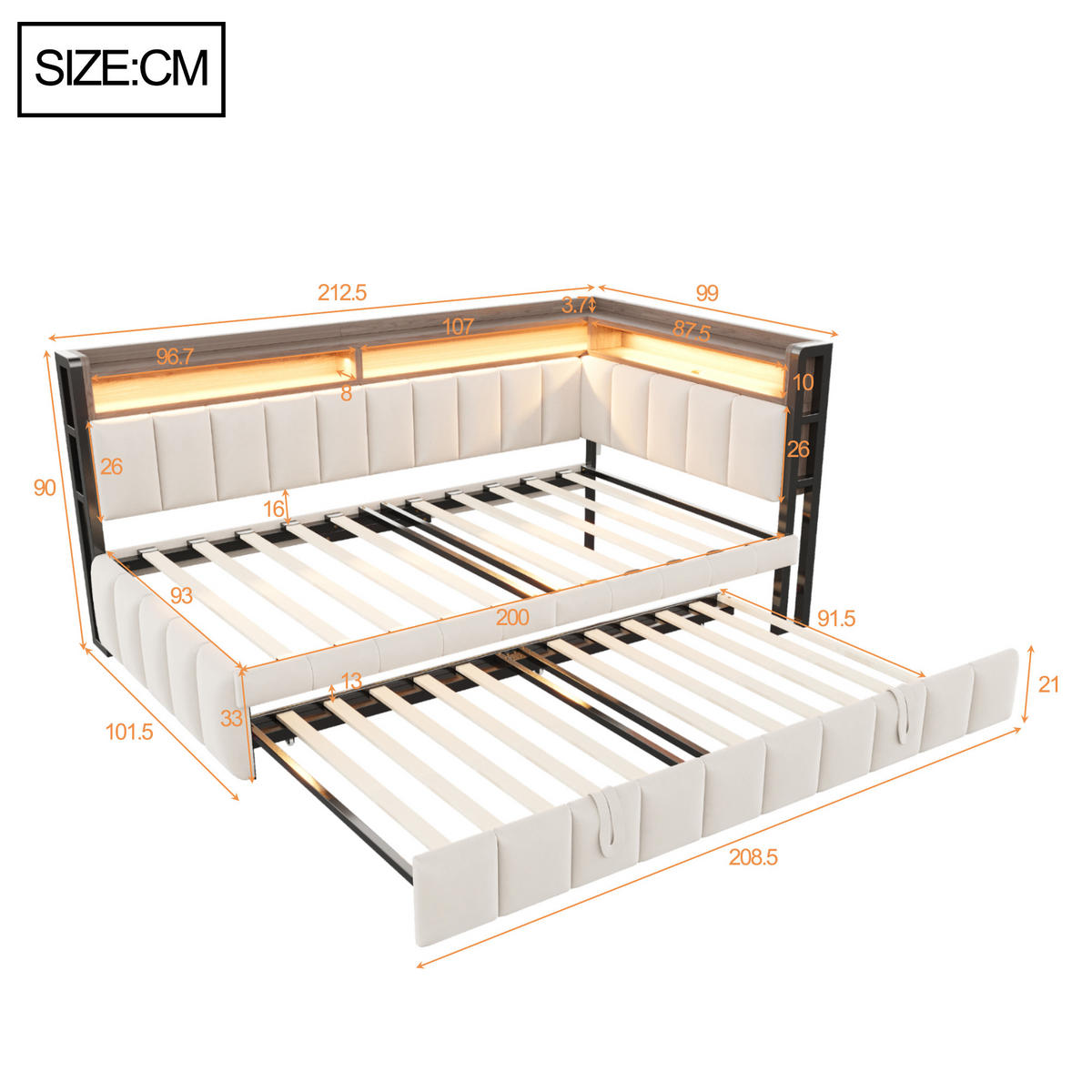 AUSZIEHBETT 90/200 cm ausziehbar mit LED und USB, DE-41717, in Beige - Beige, Metall (90/200cm) - ComfortXL