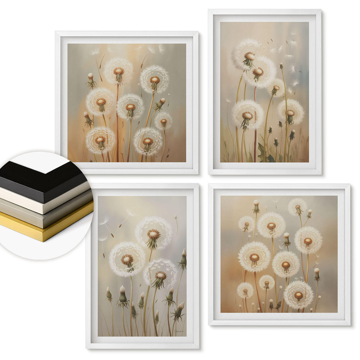WANDBILDER 4er-Set - 50x50 cm & 40x60 cm Weißer Rahmen - Weiße Löwenzahnblüten auf hellem Hintergrund - Weiß, Kunststoff (50/50cm) - ArtPrintCave