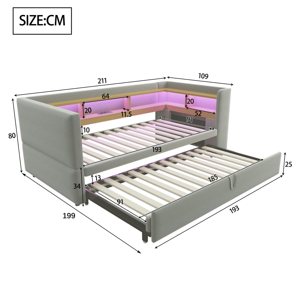 POLSTERBETT 90/180 cm Hellgrau Ausziehbett mit LED-Beleuchtung Steckdosen und Ablagefächern - Hellgrau, Textil (90/190cm) - OKWISH