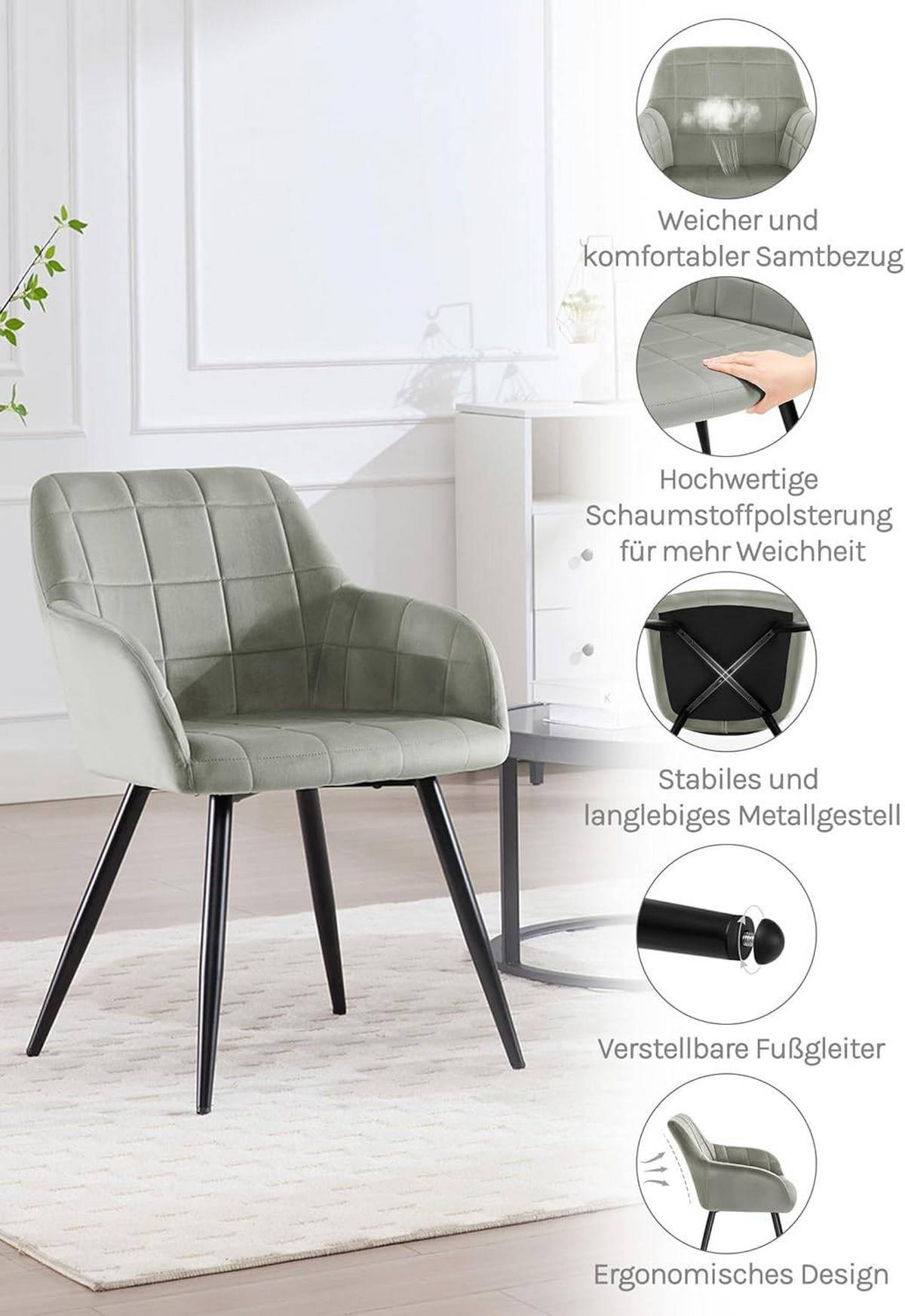 ESSZIMMERSTUHL 6er Set, Küchenstühle mit Armlehnen Metallbeinen - Schwarz/Grau, Textil/Metall (56/81/62cm) - Woltu