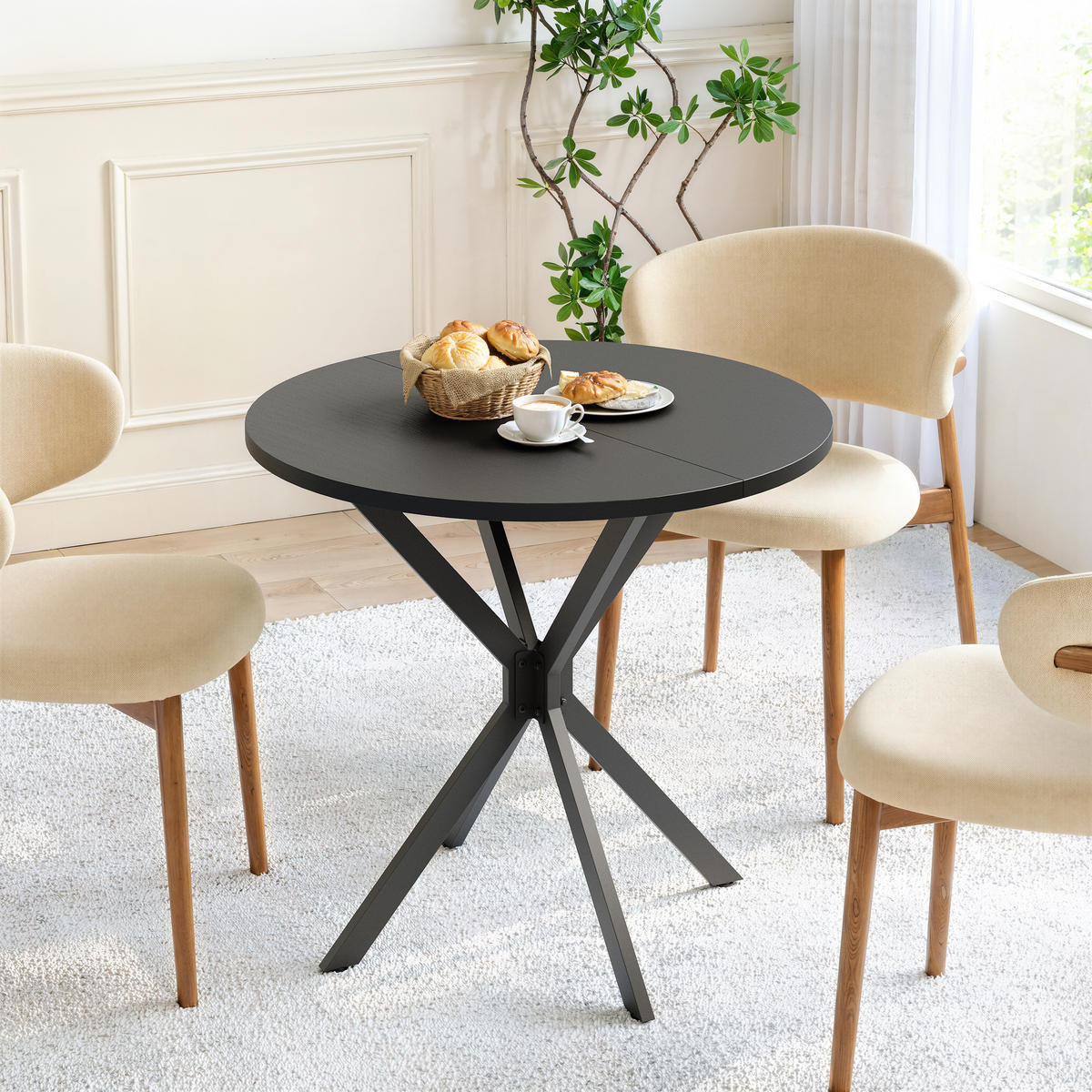 COUCHTISCH Runder Esstisch 80x80x75cm Schwarz-Küchentisch mit X-Beinen aus Stahl - Schwarz, Metall (80/80/75cm) - Raelunyi