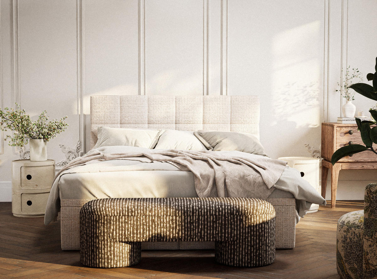 BOXBETT 140/200 cm Gotu M, in Creme, Matratze, gepolstertes Kopfteil, Bettkasten, H3 = fest - Creme/Schwarz, Holz/Holzwerkstoff (140/200cm) - Maison de Reve