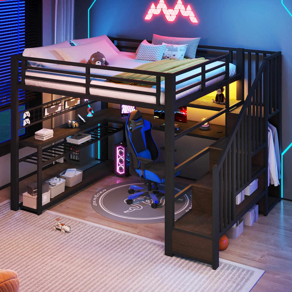 HOCHBETT 140/200 cm in Schwarz aus Metall und MDF mit LED, Kleiderschrank, Schreibtisch und Stauraum - Schwarz, Holzwerkstoff/Metall (140/200cm) - WISHDOR