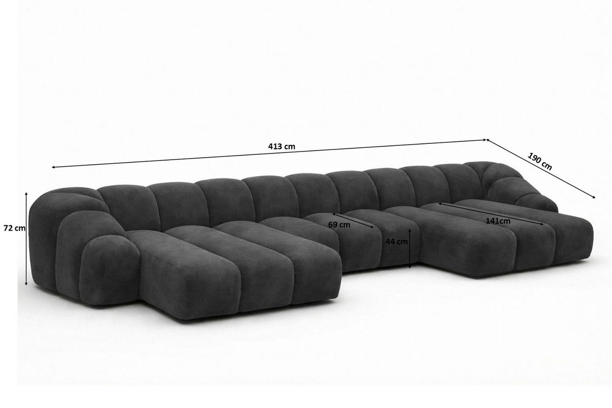 ECKSOFA Modulare U-Form, Veloursstoff Bluvel, Schwarz, CROISSANT U - Schwarz, Holz (413/72/190cm) - Kaiser Möbel