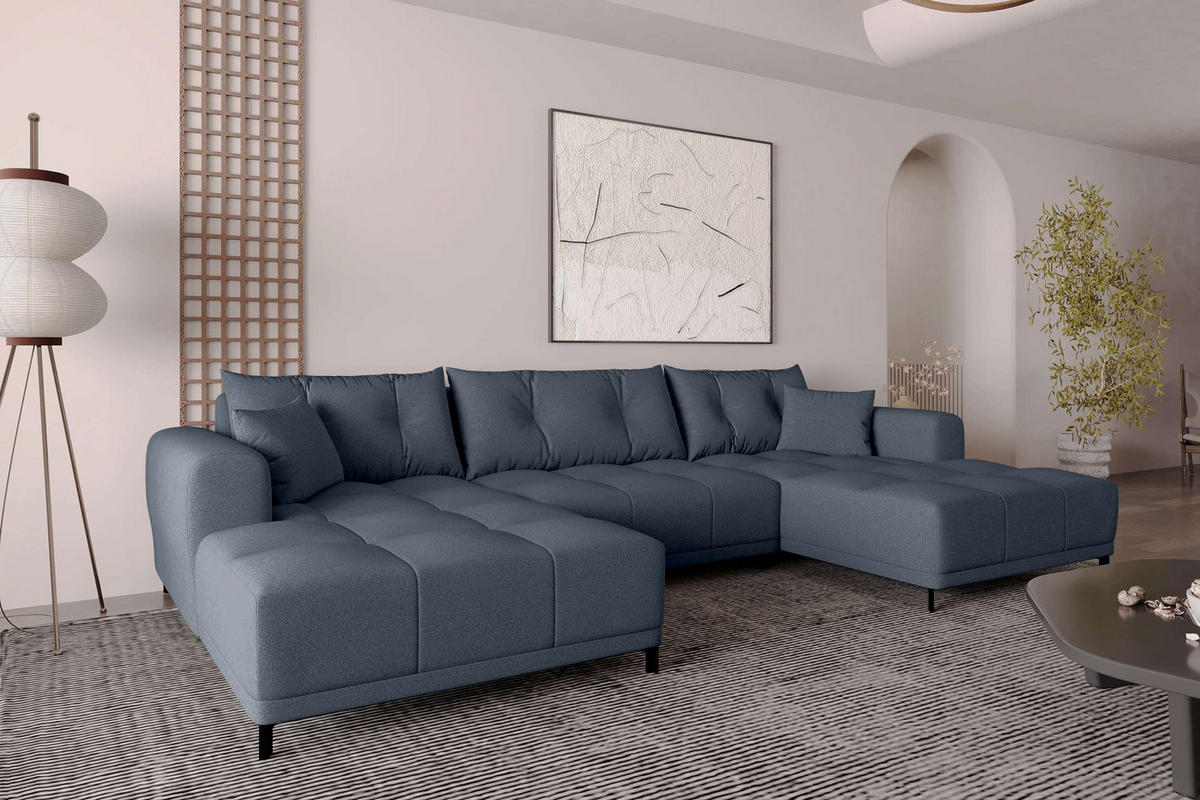 WOHNLANDSCHAFT Strukturstoff Dunkelblau inkl. Schlaffunktion - Schwarz/Dunkelblau, Textil/Metall (348/94/181cm) - 99rooms