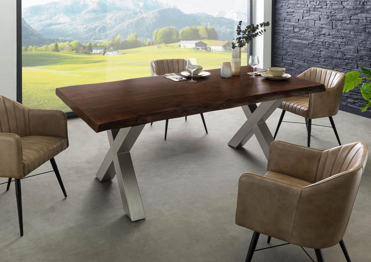 BAUMTISCH Akazie 180x90x77 braun lackiert / X-Beine silber matt FREEFORM 5 - Braun, Holz (180/90/77cm) - Massivmoebel24